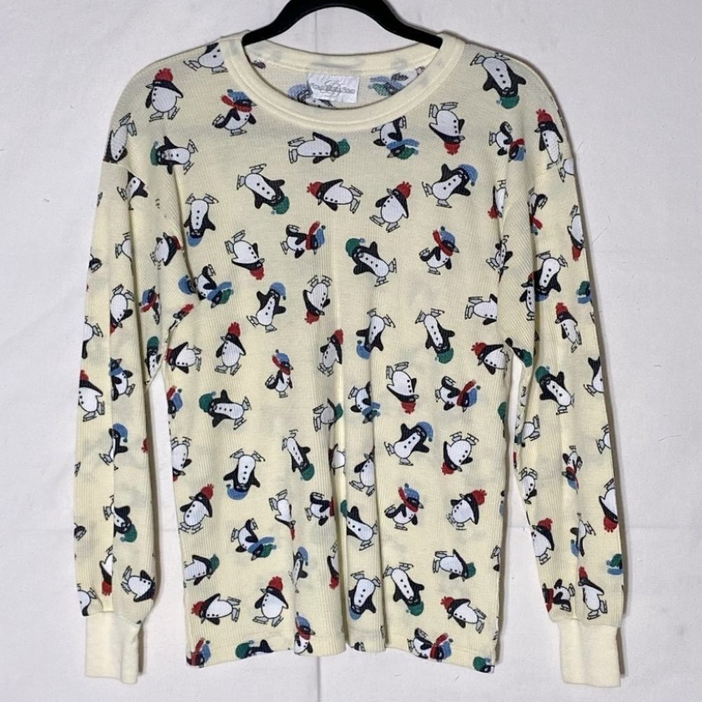 5/$25 Vintage Intimate Details Pale Yellow Waffle T Shirt with Penguins M